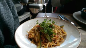 King Prawn Linguini in a bowl with courgette