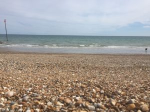 A stony beach with the sea in the background