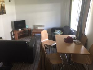 4 person table, two leather two seater sofas and a small tv