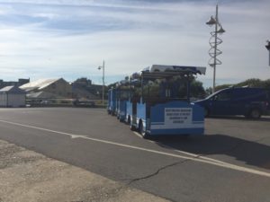 The back end of a long blue beach train