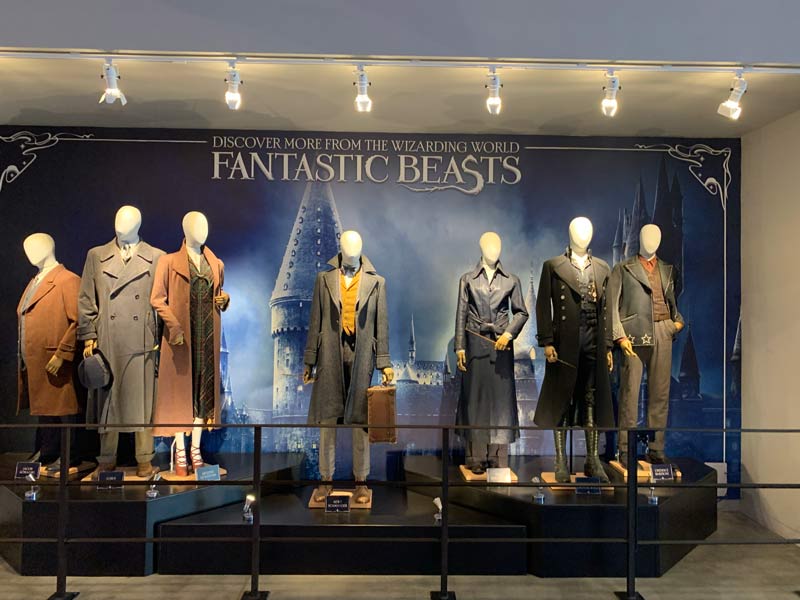 Costumed from the Fantastic Beasts temporary exhibition, in front of a dark photo with a castle tower in the background.