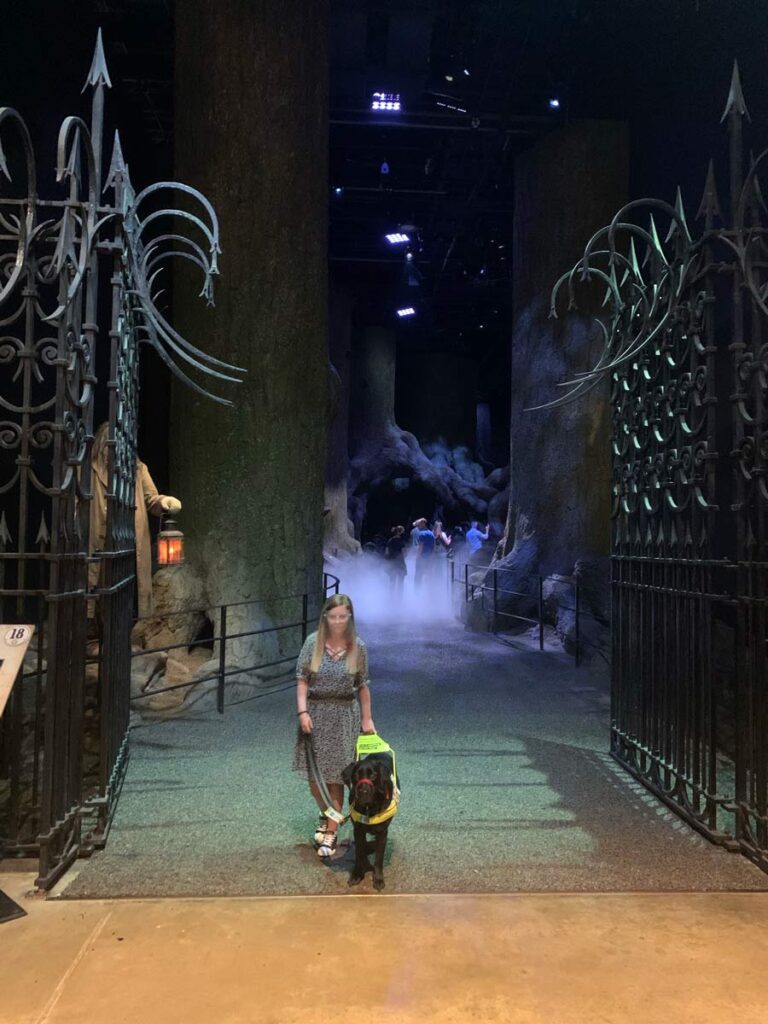 Sassy Walking through a large iron gate. She is wearing a black dress with small flowers and is holding Ida with her right hand. Behind her, on the alley she is coming from, there is smoke.