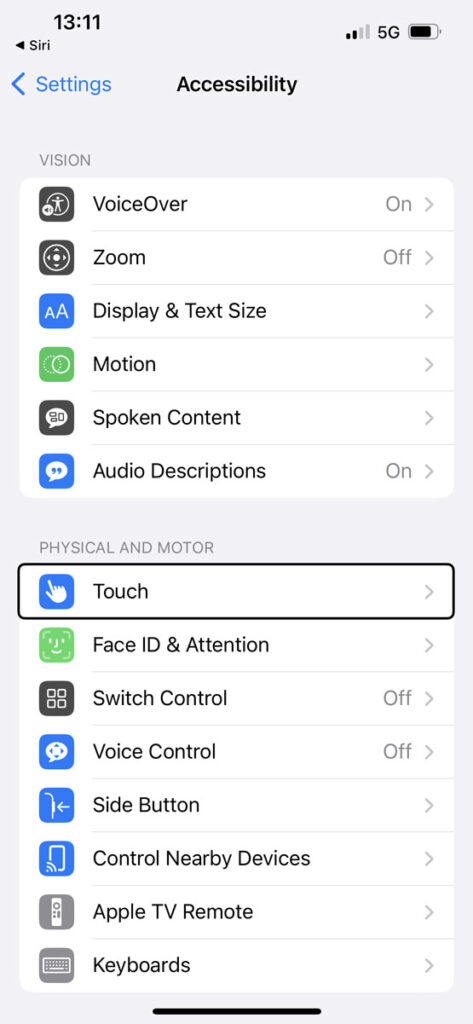 A screenshot with the accessibility settings of the Iphone
