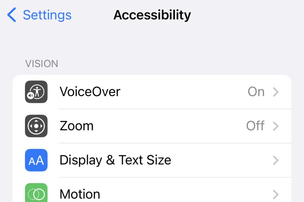 A cropped photo of the screenshot with the accessibility settings of the Iphone