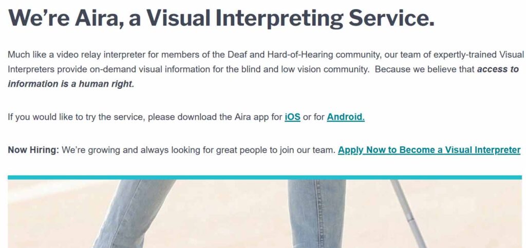 A screenshot from the Aira website explaining what the app does. 