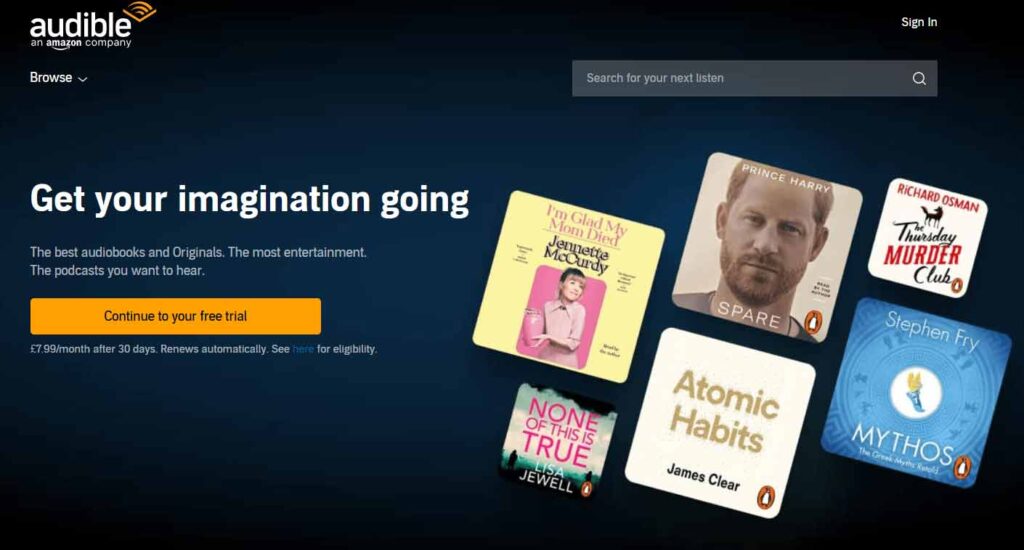 A screenshot of the Audible website. The background is navy blue and has thumbnails of books on the right hand side.